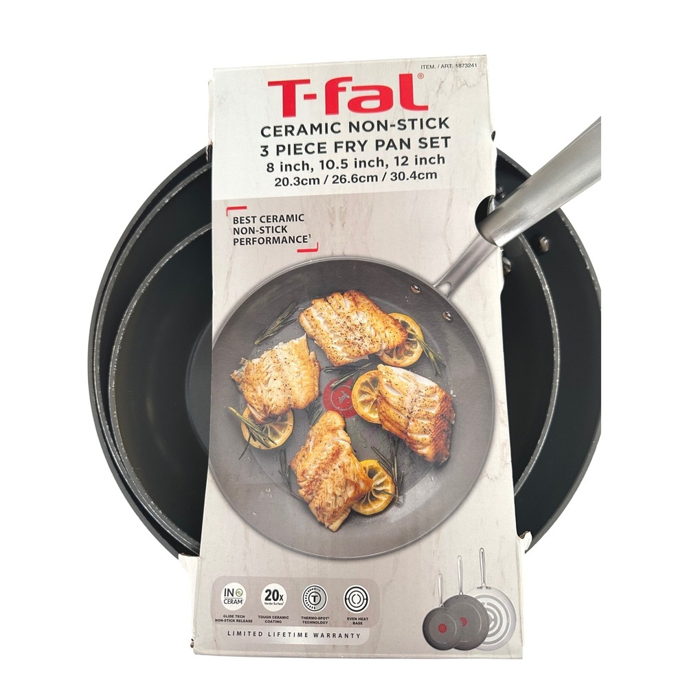 T-fal  Gray Ceramic Non-Stick 3 Piece Fry Pan Set 8 10.5 12 Inch